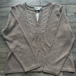 StudioWorks Petite Women's Embroidered Tan‎ Top